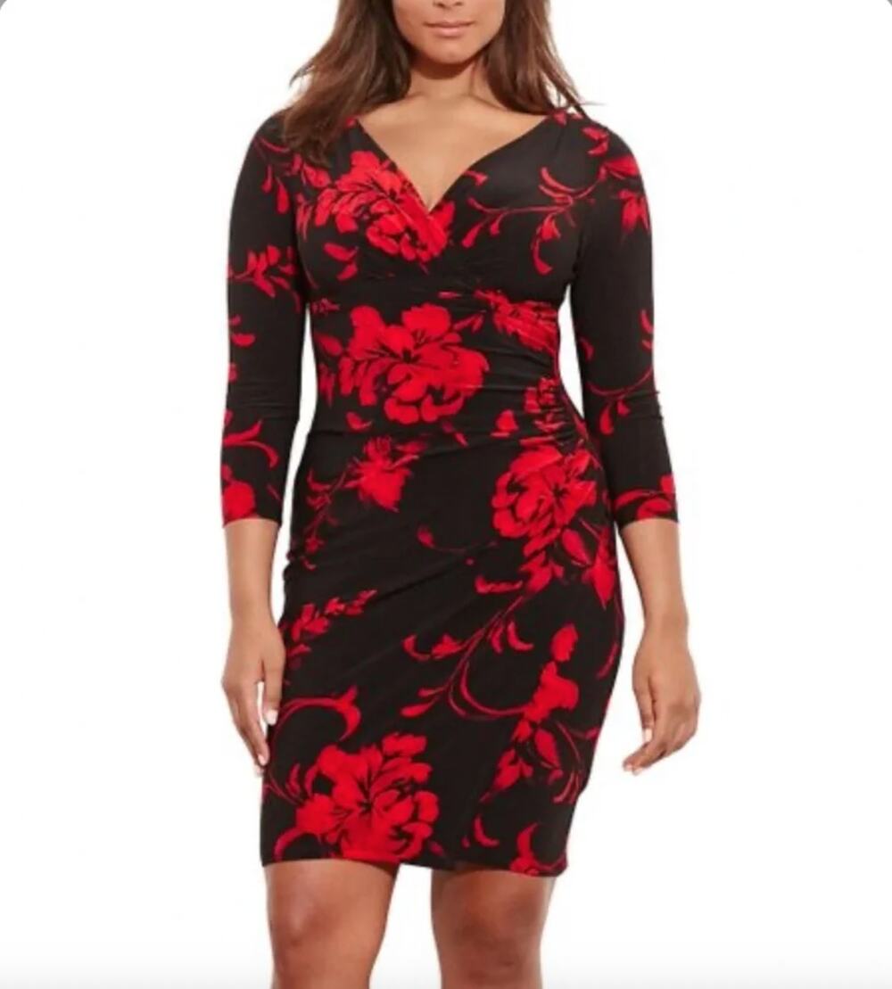 Lauren Ralph Lauren V-Neck Faux Wrap Floral Jersey Dress Size 16 Party Going Out